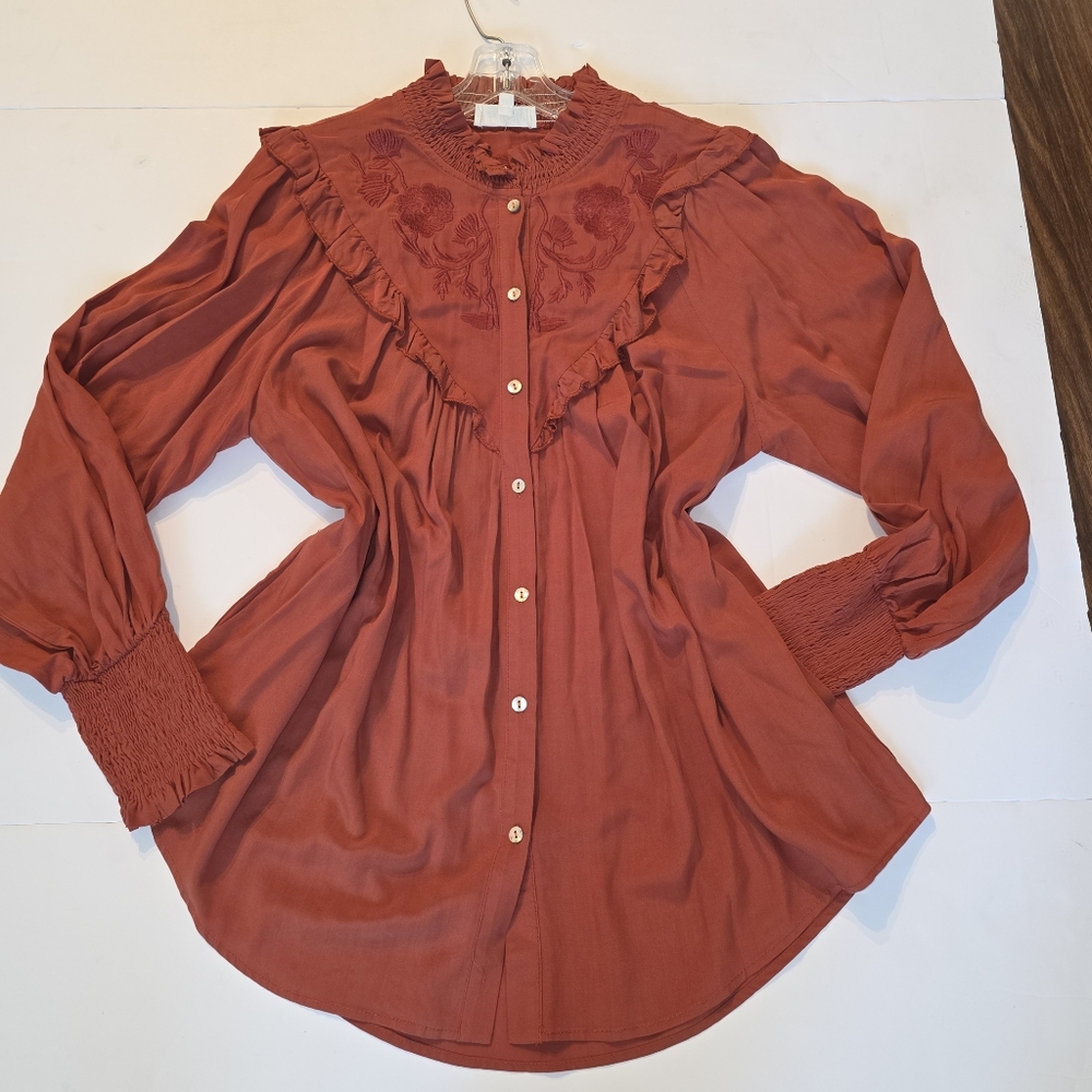 Sz S Listicle Rust Long Sleeves Shirt Embroidery Ruffles Pockets Floral Details - Picture 10 of 12